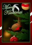  ambiguous_gender beak christmas christmas_tree english_text feral hi_res holidays logo one_leg_up ornament plant raised_leg ribbons scallion solo standing text tree 