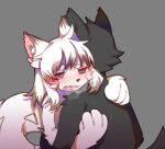  1boy animal_ear_fluff animal_ears black_fur blush cat cat_boy cat_ears cat_girl cat_tail cowgirl_position furry furry_female furry_with_furry highres hug non-web_source nude open_mouth sex simple_background straddling tail white_fur white_tail 