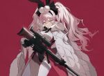  1girl animal_ears bangs black_gloves black_ribbon breasts buttons cape closed_mouth fake_animal_ears fate/grand_order fate_(series) fox_girl fur-trimmed_cape fur_trim glasses gloves gun hair_between_eyes holding holding_gun holding_weapon koyanskaya_(assassin)_(second_ascension)_(fate) koyanskaya_(fate) leotard long_hair long_sleeves looking_at_viewer medium_breasts nakamura_(wmfp3834) neck_ribbon pantyhose playboy_bunny rabbit_ears red_leotard ribbon rifle simple_background sniper_rifle solo tamamo_(fate) twintails very_long_hair weapon white-framed_eyewear white_cape white_pantyhose white_sleeves yellow_eyes 