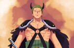  1boy abs armor black_cape cape chest_harness cloud cloudy_sky earrings green_hair harness jewelry looking_at_viewer male_focus nipples o-ring o-ring_top official_alternate_costume one_piece orange_sky pauldrons pectorals roronoa_zoro scar scar_across_eye scar_on_chest short_hair shoulder_armor sky sword toned toned_male upper_body urakasugaop weapon 