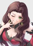  1girl ;) bare_shoulders breasts brown_hair cleavage commentary_request detached_sleeves dorothea_arnault dress earrings fire_emblem fire_emblem:_three_houses forehead green_eyes grey_background head_tilt jewelry large_breasts long_hair looking_at_viewer one_eye_closed pink_dress simple_background smile solo ten_(tenchan_man) upper_body very_long_hair 