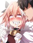  2boys astolfo_(fate) black_hair blush clenched_hands drooling eargasm faceless faceless_male fang fate/apocrypha fate_(series) fur_trim gloves grin hair_ornament heart heart-shaped_pupils highres hinghoi licking licking_ear male_focus multiple_boys nose_blush otoko_no_ko pink_hair purple_eyes rolling_eyes smile symbol-shaped_pupils tears uncommon_stimulation white_gloves yaoi 