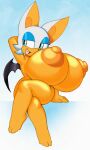  absurd_res angstrom anthro areola big_breasts black_pupils blue_eyes breasts chiropteran crossed_legs female hand_behind_head hi_res huge_breasts mammal nipples nude open_mouth orange_areola orange_body orange_nipples pupils rouge_the_bat sega sitting solo sonic_the_hedgehog_(series) wings 