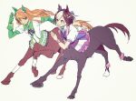  2girls animal_ears asakura_404 bangs blunt_bangs bow braid breasts brown_hair centaur closed_mouth commentary_request ear_bow ear_covers flat_chest full_body gloves green_eyes green_gloves hair_between_eyes hair_ornament hairband highres hime_cut horse_ears horse_tail long_hair long_sleeves looking_at_another monster_girl monsterification multicolored_hair multiple_girls orange_hair pleated_skirt purple_eyes running shirt short_hair short_sleeves sidelocks silence_suzuka_(umamusume) simple_background skirt sleeve_cuffs small_breasts smile special_week_(umamusume) sweat tail taur two-tone_hair umamusume white_background white_hair white_hairband white_shirt white_skirt 