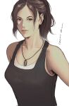  1girl artist_name bangs bare_shoulders breasts brown_eyes brown_hair claire_redfield closed_mouth ericson_blum feather_necklace grey_shirt highres jewelry long_hair looking_at_viewer medium_breasts necklace parted_bangs ponytail resident_evil resident_evil_2 resident_evil_2_(remake) shirt shirt_under_shirt solo tank_top undershirt upper_body white_background white_shirt 