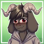  1:1 anthro artist_name black_hair blush bovid bust_portrait caprine clothed clothing floppy_ears front_view fur glistening glistening_eyes glistening_hair goat grey_body grey_clothing grey_fur grey_hoodie grey_horn grey_topwear hair hi_res hoodie horn looking_at_viewer male mammal mouth_closed portrait red_eyes riddlr simple_background solo topwear 