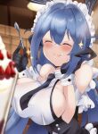  1girl azur_lane black_gloves black_necktie blue_hair blush breasts closed_eyes food frills gloves hand_on_own_cheek hand_on_own_face highres holding holding_spoon large_breasts long_hair maid maid_headdress necktie new_jersey_(azur_lane) sideboob solo spoon tonchinkan 
