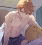  1boy 2boys :q abs aether_(genshin_impact) bangs bed blonde_hair blue_eyes blush bulge crossed_bangs curtains erection erection_under_clothes genshin_impact gumilkx hair_between_eyes heart highres indoors lying male_focus multiple_boys nipples on_back orange_hair pants pillow straddling tartaglia_(genshin_impact) toned toned_male tongue tongue_out topless_male under_covers yaoi 