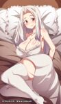  1girl ass bare_shoulders blush breasts cleavage collarbone fate/zero fate_(series) highres hinghoi irisviel_von_einzbern large_breasts long_hair looking_at_viewer lying on_bed on_side pillow red_eyes solo thighhighs white_hair white_thighhighs 