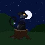  ambiguous_gender animate_inanimate clothing felid feline feral forest forest_background glowing glowing_eyes guider hi_res lightfire looking_at_viewer looking_back mammal moon nature nature_background night nighttimefire plant solo solo_focus tree 