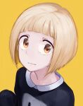  1girl alternate_hairstyle blonde_hair bob_cut brown_eyes idolmaster looking_at_viewer parted_lips shirasaka_koume short_hair simple_background sleeves_past_fingers sleeves_past_wrists solo toro3 upper_body yellow_background 