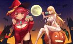  2girls absurdres alternate_costume bandages bangs blonde_hair breasts chest_jewel costume gem halloween halloween_costume hat headpiece highres large_breasts long_hair multiple_girls mummy mummy_costume mythra_(xenoblade) naked_bandage pyra_(xenoblade) red_hair short_hair swept_bangs taro_(peach_taro51) very_long_hair witch witch_hat xenoblade_chronicles_(series) xenoblade_chronicles_2 yellow_eyes 