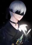  1boy artist_name belt_buckle black_background black_blindfold black_gloves black_jacket blindfold buckle crying flower gloves glowing_flower grey_hair hair_between_eyes highres holding holding_flower jacket lily_(flower) male_focus nier_(series) nier_automata ningyo parted_lips pendant_choker short_hair shoulder_belt solo tears upper_body white_flower yorha_no._9_type_s 