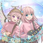  2girls blue_eyes bocchi_the_rock! cosplay crossover electric_guitar gotou_hitori gotou_hitori_(cosplay) guitar hair_ornament hat holding holding_instrument instrument jacket long_sleeves multiple_girls music musical_note mystia_lorelei pink_eyes pink_hair pink_jacket playing_instrument shiroi_karasu smile touhou track_suit twitter_username 