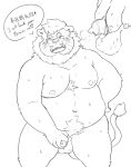  2022 96panda anthro balls belly big_belly blush bodily_fluids chinese_text english_text eyewear felid genitals glasses hi_res humanoid_hands kemono lion male mammal micropenis moobs navel nipples overweight overweight_male pantherine penis small_penis solo sweat text 