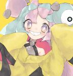  1girl aki_(aki_unini) bare_shoulders black_coat blue_hair bow-shaped_hair bright_pupils character_hair_ornament coat dot_nose eyes_visible_through_hair grin hair_ornament halterneck iono_(pokemon) light_blue_hair long_sleeves looking_at_viewer magnemite magnet multicolored_coat multicolored_eyes multicolored_hair one-eyed pink_eyes pink_hair pokemon pokemon_(creature) pokemon_(game) pokemon_sv purple_eyes ringed_eyes screw sharp_teeth simple_background sleeves_past_fingers sleeves_past_wrists smile teeth two-tone_coat two-tone_hair v-shaped_eyebrows white_pupils yellow_background yellow_coat yellow_eyes 