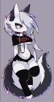  anthro belly belly_squish black_clothing blush breasts canid canine canis clothing collar crop_top ear_piercing female fluffy fluffy_tail goth hair helluva_boss hi_res koivyx leash legwear loona_(helluva_boss) mammal medium_breasts piercing shirt solo squish stockings thick_thighs topwear wolf 