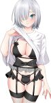  1girl alternate_costume black_bra black_panties blue_eyes bra breasts clothes_lift cowboy_shot fishnet_thighhighs fishnets garter_belt grey_hair hair_over_one_eye hamakaze_(kancolle) highres kantai_collection large_breasts lifted_by_self looking_at_viewer panties shirt shirt_lift short_hair simple_background solo standing thighhighs underwear white_background white_shirt yomogi_dango 