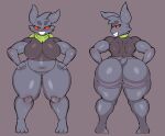  absurd_res anthro big_breasts big_butt black_eyes blush bottomless breasts butt clothed clothing female generation_1_pokemon gengar genitals grey_body half-closed_eyes hand_on_hip hi_res huge_breasts huge_butt huge_hips huge_thighs jaybotmechaniac kerchief looking_at_viewer looking_back narrowed_eyes nintendo plump_(character) pokemon pokemon_(species) pussy red_sclera shirt slightly_chubby smile solo thick_thighs topwear video_games wide_hips 