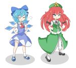  2girls blue_dress blue_eyes blue_hair braid china_dress chinese_clothes cirno dress green_dress green_headwear hat_ornament hong_meiling kakineko long_hair multiple_girls pants short_hair star_(symbol) star_hat_ornament tangzhuang touhou twin_braids white_pants 