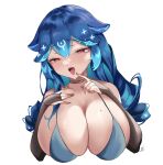  1girl alternate_breast_size bangs bao_(vtuber) bikini blue_hair blush breasts bridal_gauntlets choker cleavage cropped_torso english_commentary grey_bikini hair_between_eyes half-closed_eyes heart heart_in_eye highres huge_breasts indie_virtual_youtuber leon_decarabia long_hair looking_at_viewer open_mouth pointing pointing_at_self portrait red_eyes simple_background solo swimsuit symbol_in_eye tongue tongue_out white_background white_choker 