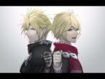  2boys ahoge armor back-to-back bangs black_gloves black_shirt blonde_hair blue_eyes closed_mouth cloud_strife crossed_bangs earrings final_fantasy final_fantasy_vii final_fantasy_vii_advent_children gloves grey_background hair_between_eyes high_collar jewelry letterboxed looking_at_viewer male_focus multiple_boys open_mouth red_vest rei_(teponea121) shirt short_hair shoulder_armor shulk_(xenoblade) single_earring smile spiked_hair vest xenoblade_chronicles_(series) xenoblade_chronicles_1 