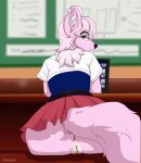  anthro antlers anus artmarshmallow bodily_fluids bottomwear canid canine cervid classroom clothed clothing computer e621 female fox freckles fur genital_fluids genitals hi_res horn hybrid laptop looking_at_viewer looking_back looking_back_at_viewer mammal marshmallow_fluff_(character) neck_tuft no_underwear pink_body pink_fur public pussy pussy_juice school skirt solo tuft upskirt 