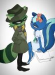  absurd_res anthro blue_body blue_fur bottomwear clothed clothing coat dress duo eye_contact female flower_on_head footwear fur green_body green_fur happy_tree_friends hat headgear headwear hi_res looking_at_another male mammal mephitid narrowed_eyes pants petunia_(htf) procyonid raccoon scar shifty_(htf) shoes sitting skunk smile smiling_at_another standing topwear unknown_artist 