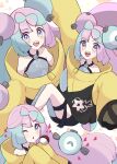  1girl bow-shaped_hair character_hair_ornament grey_pantyhose hair_ornament haru_(haruxxe) hexagon_print highres iono_(pokemon) jacket long_hair low-tied_long_hair multicolored_hair oversized_clothes pantyhose pokemon pokemon_(game) pokemon_sv sharp_teeth single_leg_pantyhose sleeves_past_fingers sleeves_past_wrists solo split-color_hair teeth very_long_sleeves x yellow_jacket 