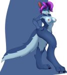  anthro areola blue_body blue_eyes blue_fur breasts butt canid canine female fur hair hand_on_hip hi_res mammal nipples nude paladins pepper_(paladins) purple_hair renamontd solo 