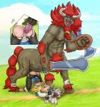  abs all_fours animal_genitalia animal_penis ass_up blonde_hair blue_eyes bottomwear braided_hair brown_body clothing clothing_aside duo equine_penis fangs female genitals grass hair hi_res holding_object holding_weapon horn humanoid legwear lynel male male/female mane melee_weapon nintendo nipples on_ground open_mouth outside oyashirothr43 panties panties_aside pantyhose penetration penis plant princess_zelda red_hair scar shield shirt smile sword taur the_legend_of_zelda tongue tongue_out topwear torn_bottomwear torn_clothing underwear underwear_aside vaginal vaginal_penetration vein veiny_penis video_games weapon 