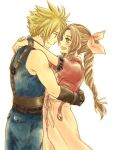  1boy 1girl aerith_gainsborough arms_around_neck arms_around_waist bangle bangs belt blue_pants blush bracelet braid braided_ponytail breasts brown_belt brown_gloves cleavage cloud_strife couple cowboy_shot cropped_jacket dress final_fantasy final_fantasy_vii final_fantasy_vii_remake gloves green_eyes hair_ribbon hetero highres jacket jewelry long_dress long_hair looking_at_another multiple_belts open_mouth pants parted_bangs pink_dress pink_ribbon red_jacket ribbon sharp_teeth short_hair short_sleeves sidelocks smile suspenders teeth toe2727 upper_teeth wavy_hair white_background 