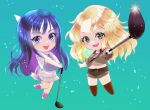  2girls amawashi_aoi belt birdie_wing:_golf_girls&#039;_story blonde_hair blue_background blue_eyes blue_hair chibi eve_(birdie_wing) golf_club green_eyes hair_between_eyes highres holding holding_golf_club midriff multiple_girls navel open_mouth setsuna_rio shorts simple_background smile teeth upper_teeth 