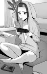  1girl bags_under_eyes barefoot brand_name_imitation breasts carpet couch curtains food forehead greyscale gyouza_teishoku highres hood hooded_jacket indoors jacket monochrome original plant pocky potted_plant sitting solo 