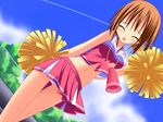  brown_hair cheerleader closed_eyes hagiwara_yukiho idolmaster idolmaster_(classic) megaphone midriff mizutsuki navel panties pantyshot pom_poms short_hair solo tears underwear 