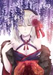  1girl absurdres artoria_pendragon_(fate) bangs bare_shoulders blush breasts eyebrows_behind_hair eyebrows_visible_through_hair fate/grand_order fate_(series) flower grey_hair hair_flower hair_ornament highres japanese_clothes kimono looking_at_viewer open_mouth ribbon saber_alter short_hair sii_artatm silver_hair solo wisteria yellow_eyes 