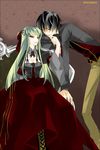  1boy 1girl black_hair c.c. cc code_geass couple dress female green_hair highres lelouch_lamperouge long_hair male purple_eyes red_ribbon ribbon short_hair sitting witchonly yellow_eyes 