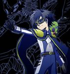  antennae belt blue_hair cape chimeramon digimon digimon_adventure_02 digimon_kaiser facial_mark forehead_mark glasses gloves ichijouji_ken male_focus outstretched_arm outstretched_hand sairen_ayame smirk solo wormmon 