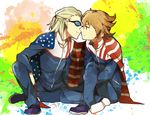  2boys american_flag blonde_hair dylan_keith glasses inazuma_eleven inazuma_eleven_(series) jacket kiss male male_focus mark_kluger mark_kruger multiple_boys short_hair yaoi 