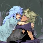  2boys bakura_ryou blonde_hair dark_skin earrings jewelry kiss kissing lowres male male_focus marik_ishtar multiple_boys ryou_bakura selfcest shirt striped striped_shirt white_hair yami_bakura yami_marik yaoi yu-gi-oh! yuu-gi-ou_duel_monsters 