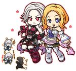  2girls angela_(castlevania) blonde_hair blush blush_stickers castlevania chibi cross cross_necklace dark_persona dual_persona looking_at_viewer multiple_girls open_mouth short_hair silver_hair simple_background smile white_background 