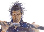  beard brown_eyes brown_hair facial_hair holding inoue_takehiko katana long_hair looking male male_focus miyamoto_musashi moustache mustache ponytail sabre screening sheath simple_background snow snowing sword unsheathed vagabond weapon 