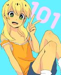  blonde_hair green_eyes inazuma_eleven inazuma_eleven_(series) miyasaka_ryou off_shoulder open_mouth shorts tan tank_top trap 