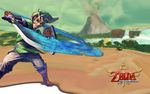  1boy blonde_hair blue_eyes boots chain_mail chainmail cloud clouds copyright_name fingerless_gloves gloves hat highres link logo outdoors outside sand shield sky skyward_sword sword the_legend_of_zelda the_legend_of_zelda:_skyward_sword tree trees tunic volcano wallpaper water waterfall weapon widescreen 