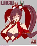  arc_system_works asakusa_xuan bare_shoulders big_breasts black_bra black_eyes black_hair blazblue blazblue:_calamity_trigger bra breasts china_dress chinadress chinese_clothes cleavage dress female glasses lao_jiu large_breasts lingerie litchi_faye_ling long_hair ponytail simple_background solo underwear 