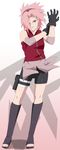  1girl absurdres adjusting_clothes adjusting_gloves arm_warmers bandage bare_shoulders bike_shorts black_boots black_gloves boots cameltoe collarbone full_body gloves green_eyes hair_over_one_eye hands_up haruno_sakura head_tilt headband headdress highres holster knee_boots konohagakure_symbol long_image looking_at_viewer miniskirt naruto naruto_shippuuden open_toe_shoes pink_hair pink_skirt red_shirt shadow shiny shiny_clothes shirt short_hair shorts shorts_under_skirt side_slit skin_tight skirt sleeveless sleeveless_shirt solo spandex standing stiky_finkaz tall_image thigh_holster thigh_strap toes wind zipper 