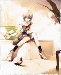  absurdres ayanami_rei bird blue_hair highres neon_genesis_evangelion non-web_source pigeon red_eyes sadamoto_yoshiyuki school_uniform shoes short_hair sneakers solo uniform 