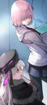  2girls 55level book carrying eyebrows_visible_through_hair fate/grand_order fate_(series) from_behind gloves grey_hair hair_over_one_eye hat highres looking_at_another mash_kyrielight multiple_girls nursery_rhyme_(fate/extra) open_mouth pink_hair purple_eyes short_hair smile 