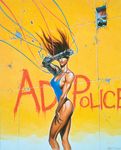  80&#039;s 80's 80s ad_police arm_up bikini breasts brown_hair cable capital_letters cleavage clenched_hand concrete crack cracks double_hung_window facing_viewer fist flying_hair fog gina_marceau hand_on_thigh hidden_eyes highres impact large_breasts long_hair low_lying_fog metal metallic_arm muscle no_face_man oldschool one-piece_swimsuit open_mouth police police_uniform policewoman smeared standing swimsuit tag title underboob uneven uniform wall window 