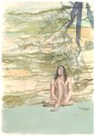  absurdres beach black_hair branch censored cliff convenient_censoring convenient_leg hands_on_legs hanging_tree highres inoue_takehiko knee_up long_hair male male_focus nude pine_tree sasaki_kojirou sitting tree twig vagabond 